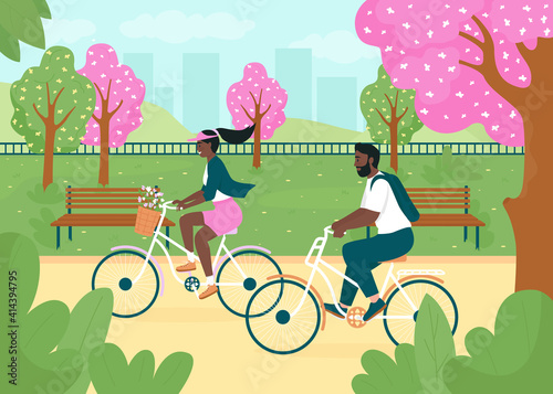 Riding bikes in spring park flat color vector illustration. Smiling woman and man on bicycles. Healthy lifestyle. Happy african american couple 2D cartoon characters with urban garden on background