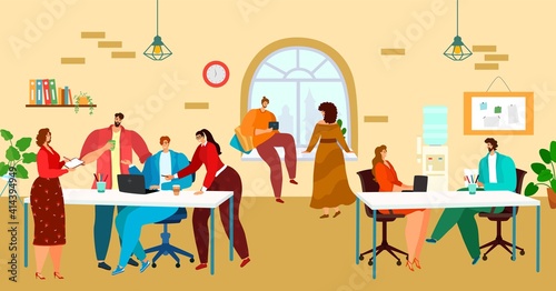 Coworking  office workspace  people work together in team  creative business process  design cartoon style vector illustration. Group men  women are working at computer  discussion and launch project.