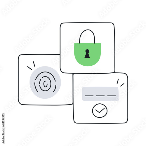 Secure set. Fingerprint, locked padlock, credit card verification icons. Information protection, transaction security, data protection. Flat line thin vector illustration on white.
