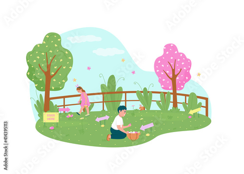 Easter egg hunting 2D vector web banner, poster. Kids play traditional game in yard. Happy children flat characters on cartoon background. Spring seasonal holiday printable patch, colorful web element
