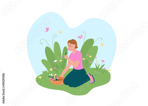 Girl picking up flowers 2D vector web banner, poster. Outdoor recreation. Smiling woman sniffing daisies flat character on cartoon background. Spring blossom printable patch, colorful web element