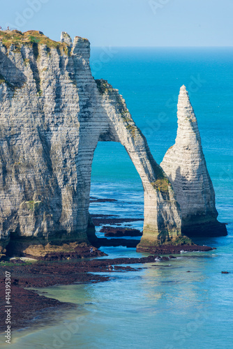 Famous rock arch and needle of the Cliff of Etretat,Normandy, France