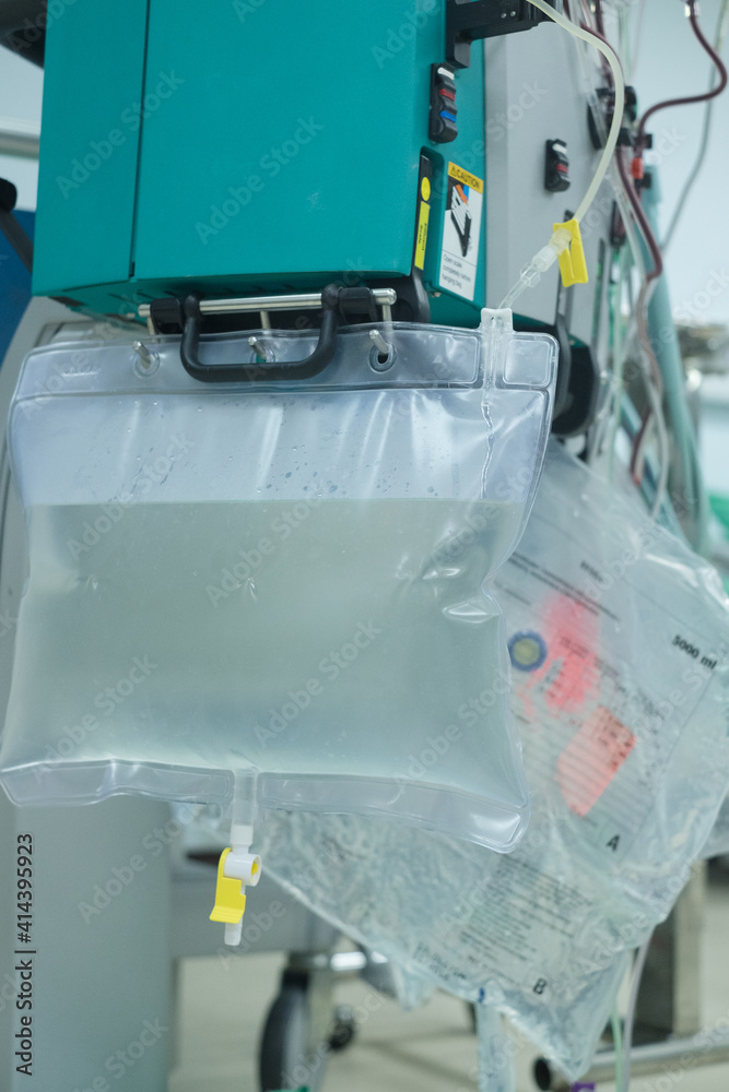 Dialysis machine is working. Acting as a substitute for the kidneys to drive waste from the body. Dialysis machine is working. Acting as a substitute for the kidneys to drive waste from the body.