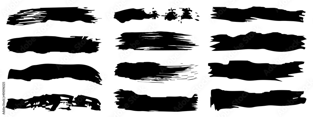 Vector collection of artistic grungy black paint hand made creative brush stroke set isolated on banner background. A group of abstract grunge sketches for design education or graphic art decoration Vector collection of artistic grungy black paint hand made creative brush stroke set isolated on banner background. A group of abstract grunge sketches for design education or graphic art decoration