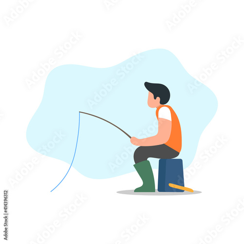 Fisherman sitting on bucket holding rod. Fishing activity. Man catching fish. Seafood concept. Fishery business. Outdoor recreation equipment. Human hobby. Flat vector character illustration.