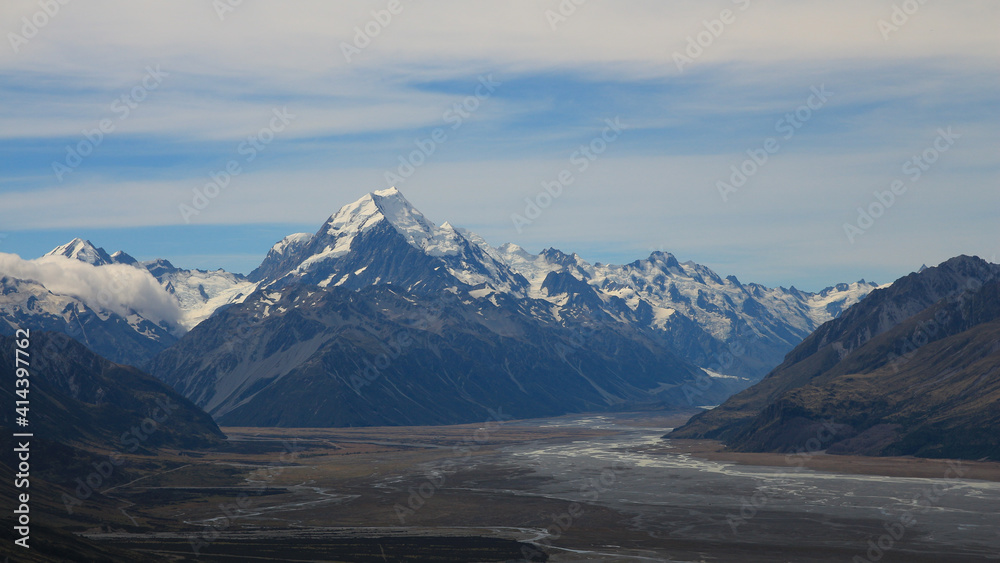 Mount Cook and other mountains of New Zealand in summer.