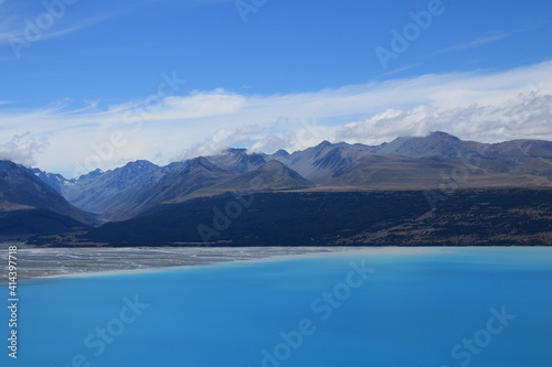Mountain range and river Delta at the shore of Lake Pukaki. © u.perreten