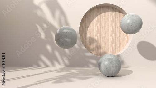 Spherical geometric concrete On a cream-colored abstract background drill hole putting round wooden. Decorated with shadow leaves. For presenting cosmetic products. 3D rendering