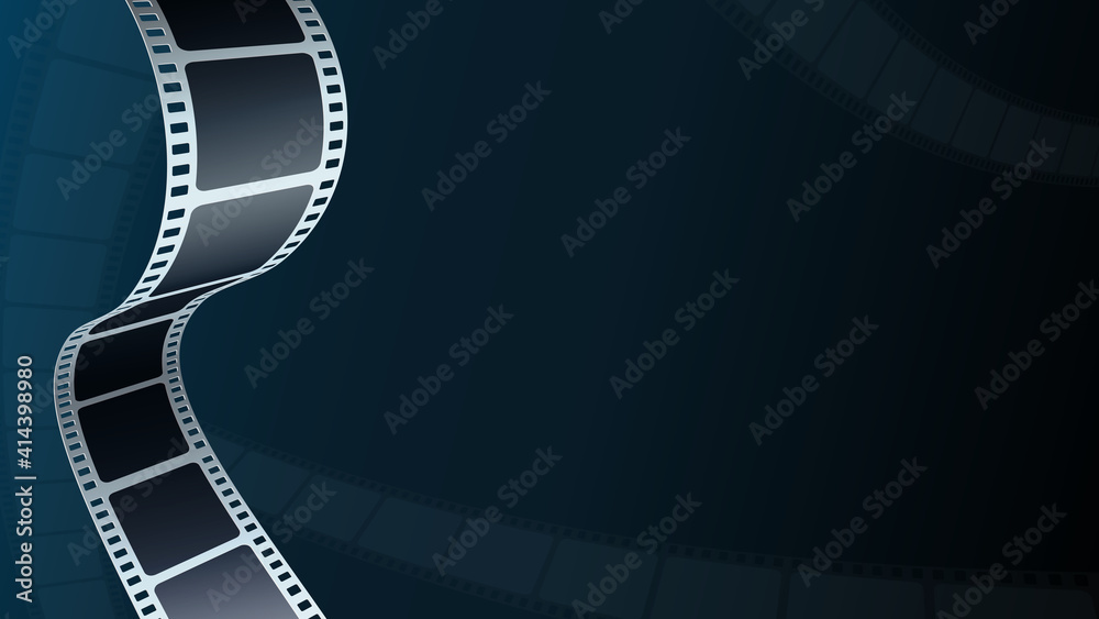 Realistic film strip in perspective. 3D isometric film strip. Modern cinema background. Design cinema festival poster. Template for festival modern cinema with place for text. Film industry concept.