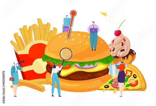 Fast food tiny people quality control, healthy lifestyle, enjoyable meal, cartoon style vector illustration, isolated on white. big meat cheeseburger, variety menu in cafe, high-calorie hamburger.