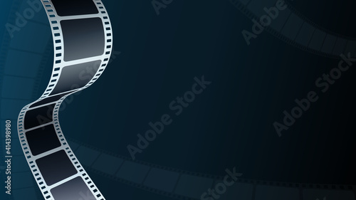 Realistic film strip in perspective. 3D isometric film strip. Modern cinema background. Design cinema festival poster. Template for festival modern cinema with place for text. Film industry concept.