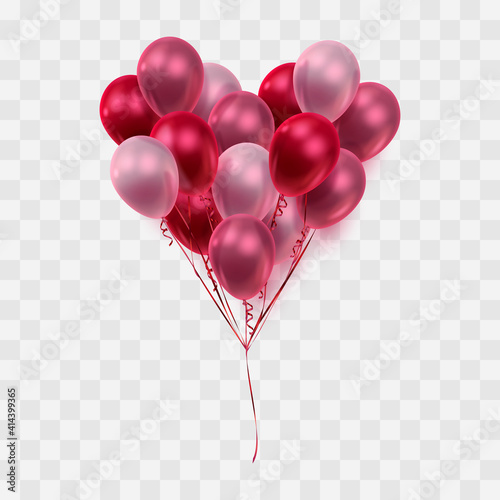 Heart of red, pink realistic ballons with reflex and red ribbons. Vector illustration for card, party, design, flyer, poster, decor, banner, web, advertising.
