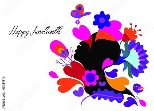 Vector illustration on Happy Juneteenth in abstract colorful floral designs and a black woman on a white isolated background