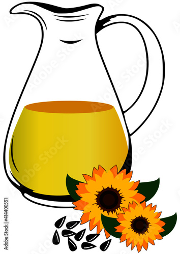 Glass jug of sunflower oil with sunflowers and seeds. Stock vector illustration.