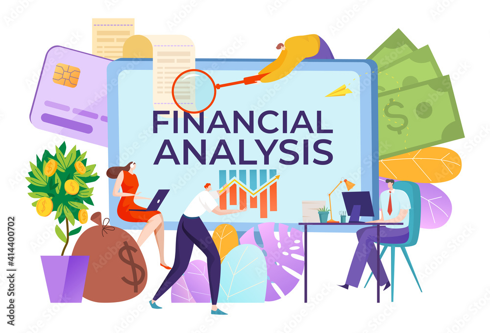 Financial consultant service, title on computer screen financial analysis, business management, cartoon style vector illustration. Account, web accounting, marketing administration, corporate audit. Financial consultant service, title on computer screen financial analysis, business management, cartoon style vector illustration. Account, web accounting, marketing administration, corporate audit.