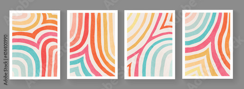 Set of minimalist hand painted posters. Mid century modern illustration. Colorful stripes artwork. Abstract cover design. Contemporary art. photo