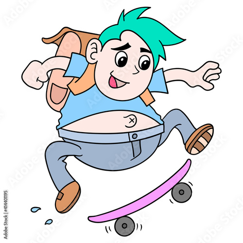 boy go to school with playing skateboard, doodle icon image kawaii