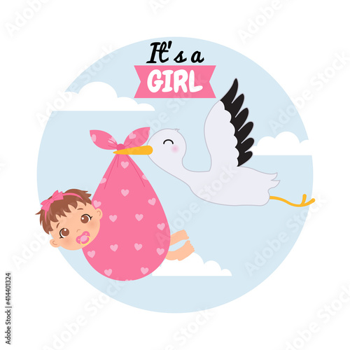 Cute baby girl with pacifier are being carried by a stork. Baby gender reveal card. Flat vector illustration design.