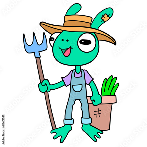 frog farmer harvest plant in garden, doodle icon image kawaii