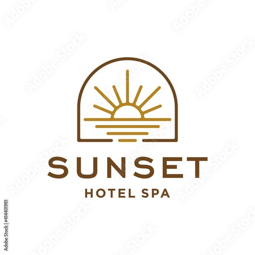 sun logo, sunset sunrise with beach ocean sea water logo icon vector in trendy line linear, abstract boho outline logo vector for hotel or spa