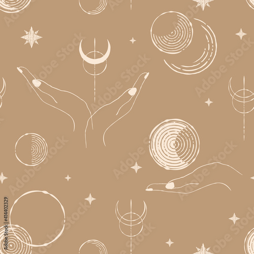 seamless pattern with moon phases, stars and hands