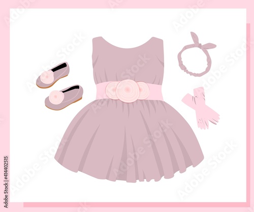 holiday shoes for girls, children's model shoes. Beautiful ball gown dress. Skirt with tulle and bow. Princess outfit. Vector illustration isolated