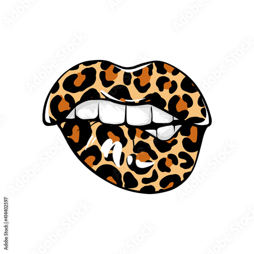 Leopard lips, fashion woman print. Sexy mouth, kiss. Wild girl vector illustration. Leo pattern instead of lipstick. Bite one's lip.