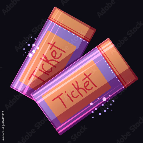 Two cinema tickets illustration in cartoon style. Color ticket for various events. Entertainment industry on black background.