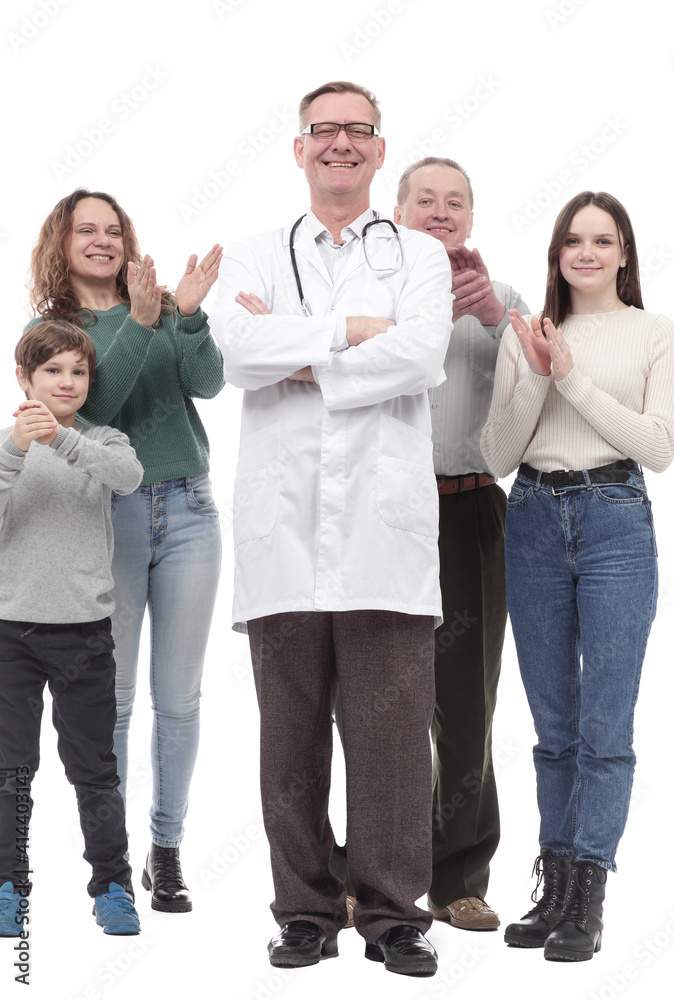 happy family and their family doctor standing together. happy family and their family doctor standing together.
