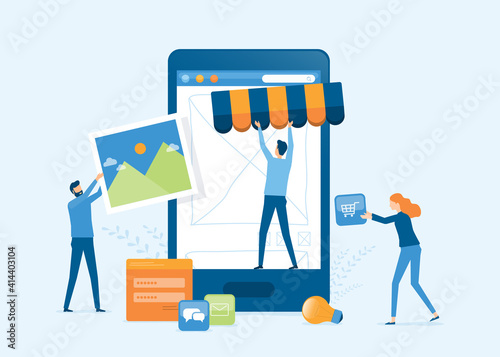vector illustration design developer and designer team create online shop on mobile phone concept