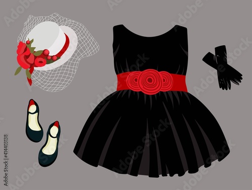 holiday shoes for girls, children's model shoes. Beautiful ball gown dress. Skirt with tulle and bow. Princess outfit. Vector illustration isolated
