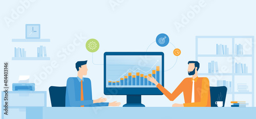 Vector illustration design Business Financial advisor and Business investment planning on monitor report graph. With two business team meeting and working for analysis chart concept. 