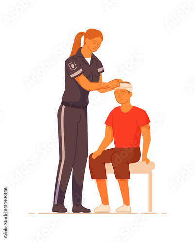Paramedic and man patient head injury on white background