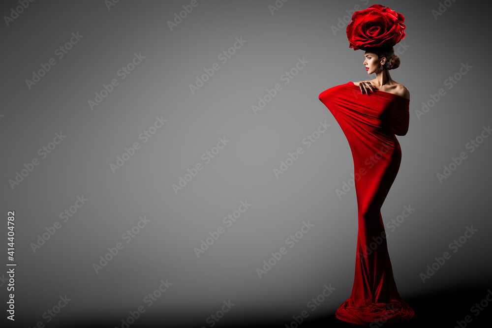 Fashion Woman in Red Dress Rose Flower Crown Hairstyle. Elegant Sexy Model  in Floral Hat Bodycon Gown. Copy Space. Gray Studio Background Stock Photo  | Adobe Stock
