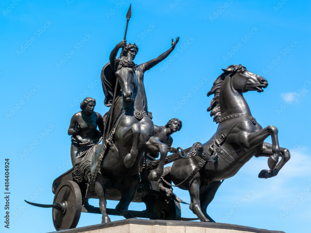 Fototapeta premium Boudicea and Her Daughters bronze monument statue erected in 1902 at the end of Westminster Bridge in London England UK, the queen was also known as Boudica or Boudicca, stock photo