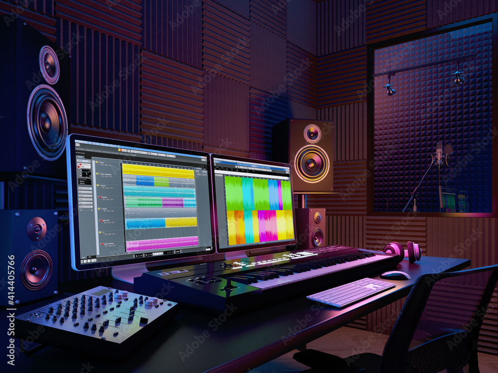 Audio workplace,recording music studio.3d rendering