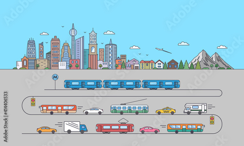 city landscape. city megalopolis with public transport. metro, triple bus, tram, bus, taxi in flat linear style.