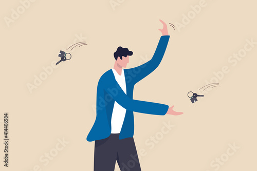 Housing deal, sell old house and buying new one, real estate and property trading or mortgage concept, home owner throwing old house key and grab new one.