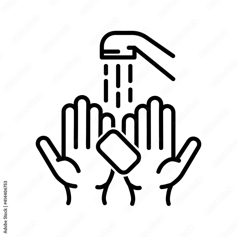 Obraz premium Hands washing flat icon. Pictogram for web. Line stroke. Isolated on white background. Vector eps10. Water stream on the hands.
