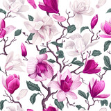 Seamless pattern with branches white and pink magnolia flowers. Highly detailed realistic vector flowers on white background for your design, wallpapers on desktop,  wrapping paper, gift cards