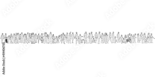 A crowd of different people in different positions. Wireframe figures of men, women, children. 3D. Vector illustration