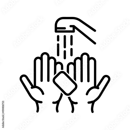 Hands washing flat icon. Pictogram for web. Line stroke. Isolated on white background. Vector eps10. Water stream on the hands.