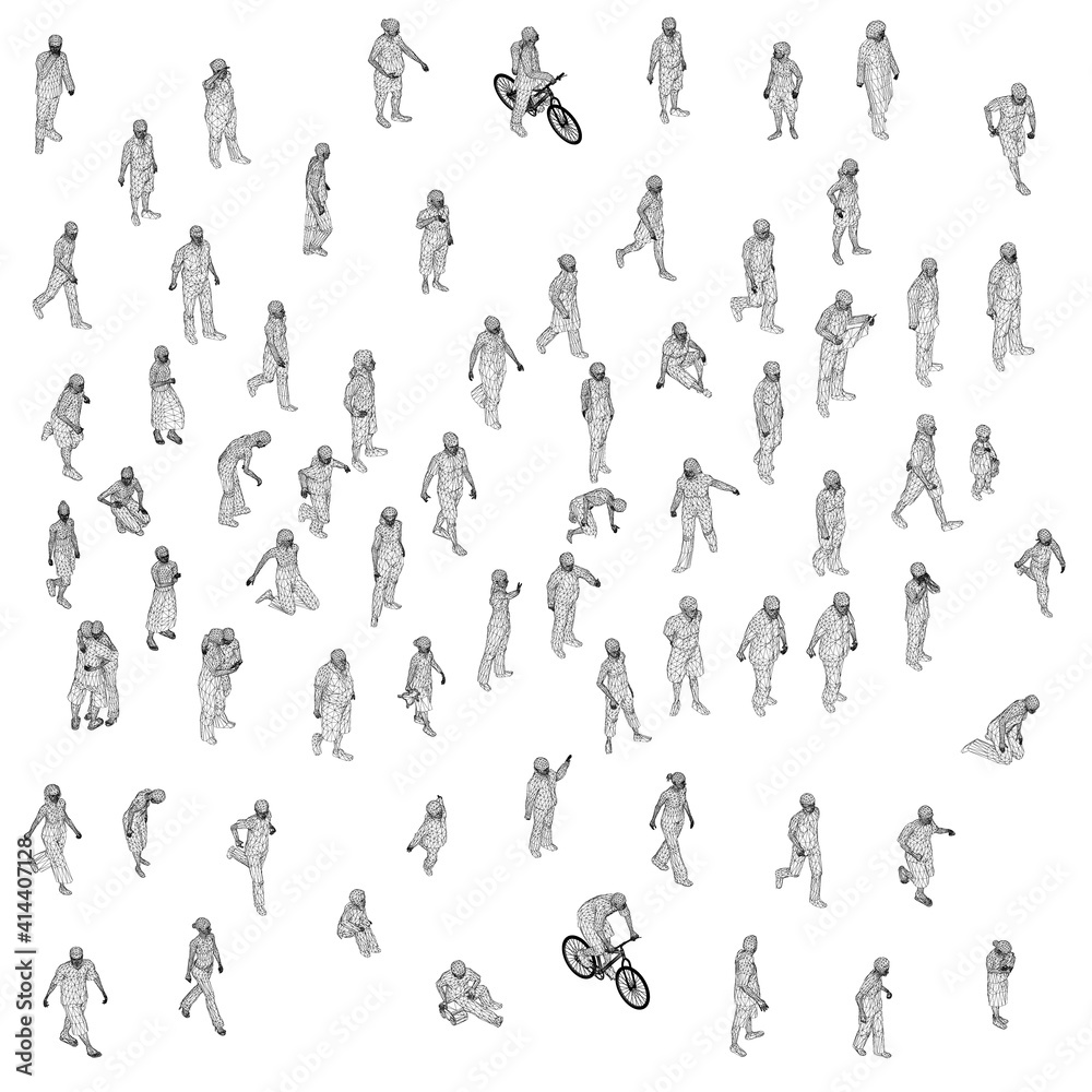 Set with different people in different positions. Wireframe figures of men, women, children. 3D. Vector illustration