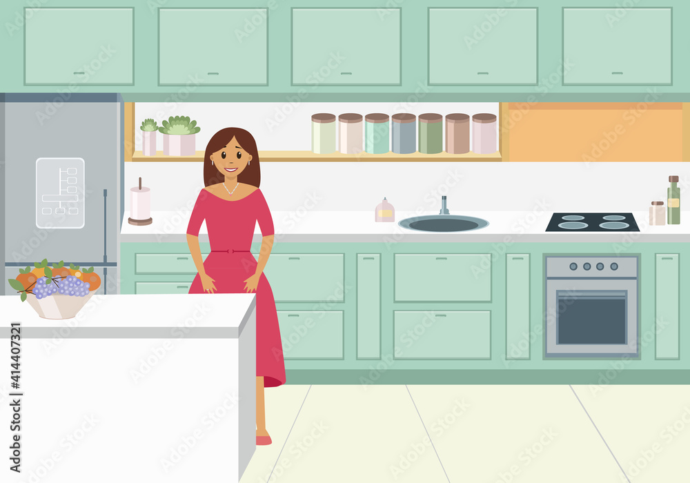 Young woman in dress in her kitchen Young woman in dress in her kitchen