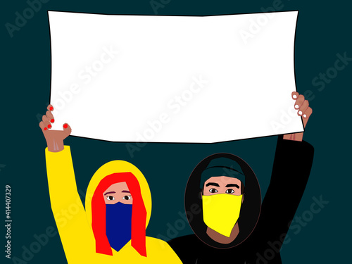 girl and guy holding placard or banner, copy space on it