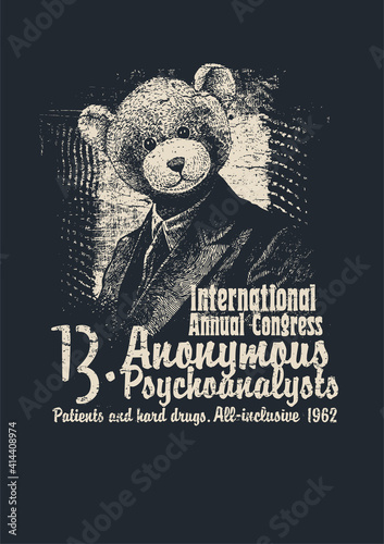 Retro design Congress Anonymous Psychoanalysts for poster or t-shirt print with man in a bear mask and textures. vector illustration. 
