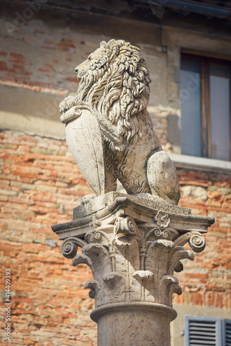 The Marzocco, a lion statue on top a column in Montepulciano, Italy photo