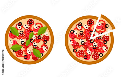 Pizza top view. Pizza with sausage, mushrooms, tomatoes, cheese, peppers and basil. Illustration in flat style