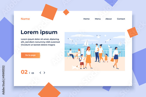 People walking on seaside quay. Tourist characters an cute couple with kids admiring boats in sea and seagulls. Flat illustration for seaside, summer vacation at ocean concept