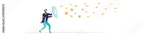COVID-19 Coronavirus protection and quarantine. Business risk. prevention from viral epidemic concept. businessman holds a knight's shield to protect against pathogens of the COVID-19 virus. Vector.